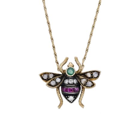 A diamond and gem-set bee pendant on chain, realistically modelled, the wings set throughout with rose-cut diamonds, the body