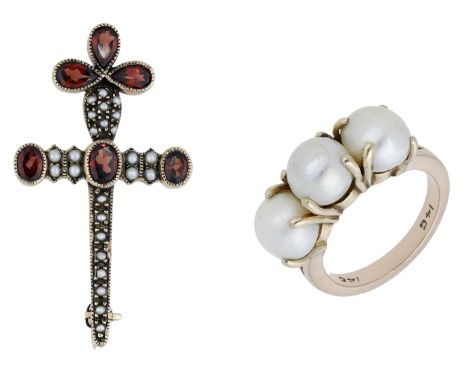 A 9ct gold garnet and seed pearl cross brooch and cultured pearl ring, the brooch set throughout with seed pearls and vari-cu