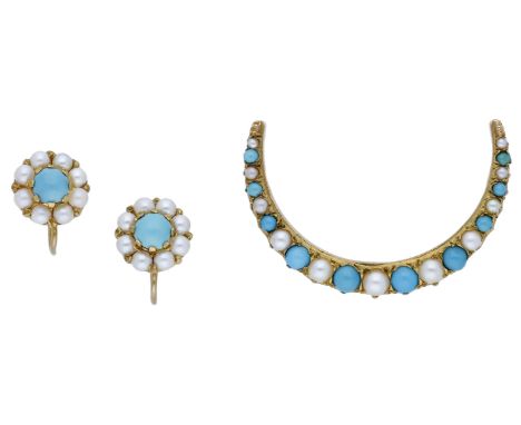 A turquoise and pearl crescent brooch, circa 1900, set with a graduated row of turquoise cabochons and half pearls, together 