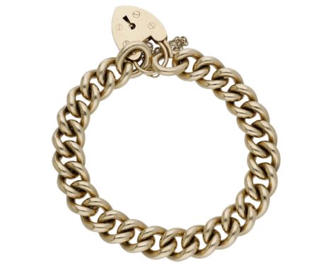 A gold curb-link bracelet, each link with scroll engraved decoration, with 9ct gold padlock clasp, and safety chain, length 1