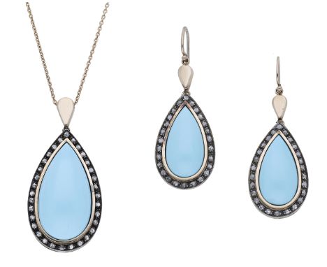 A diamond and simulated turquoise pendant and earring suite, the pair-shaped pendant within a rose-cut diamond surround, susp