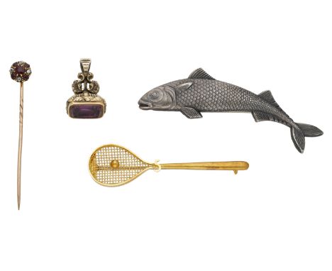 A collection of jewellery, comprising a garnet and old-cut diamond stickpin, a novelty squash racket brooch, a 19th century a