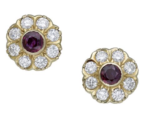 A pair of rhodolite garnet and diamond cluster ear studs, the circular-cut garnets collet-set within a surround of brilliant-