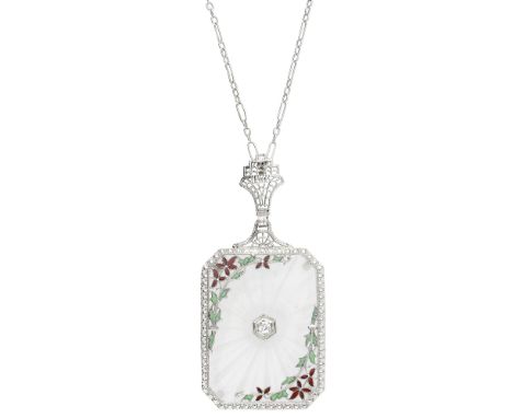 A rock crystal, diamond and enamel pendant, centred with a brilliant-cut diamond within hexagonal setting, to a polished rock