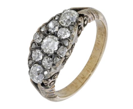 A 19th century diamond ring, the lozenge-shaped cluster set throughout with old cushion-shaped and rose-cut diamonds, to a ca