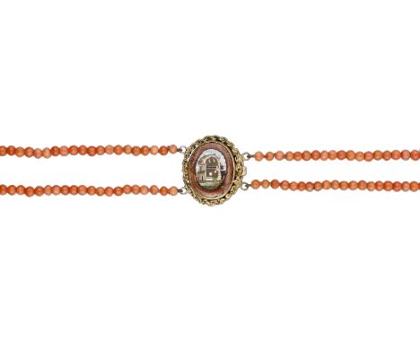 A coral and micro-mosaic necklace, the two graduated strands of Corallium rubrum beads terminating in a gilt metal mounted go