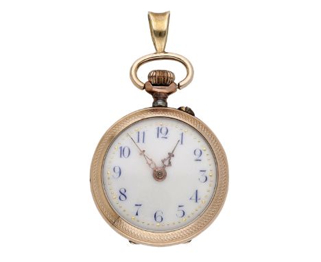 Swiss. A lady’s small gold and enamel keyless watch, circa 1900. Movement: cylinder escapement. Dial: cream, blue Arabic nume