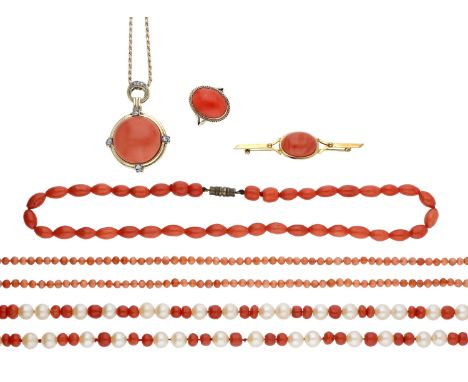 A collection of coral jewellery, comprising a coral bouton pendant, in polished mount accented with single-cut diamonds, bale