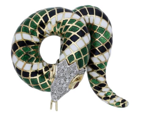 An enamel serpent brooch, circa 1970, realistically modelled, the coiled serpent with green, white and black enamel decoratio