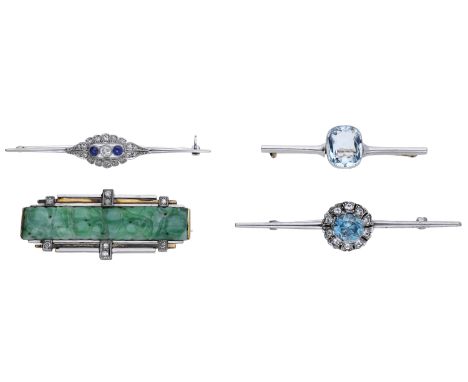 Four early 20th century gem-set brooches, comprising a sapphire and diamond bar brooch, stamped ‘18ct & pt’, an Art Deco rect