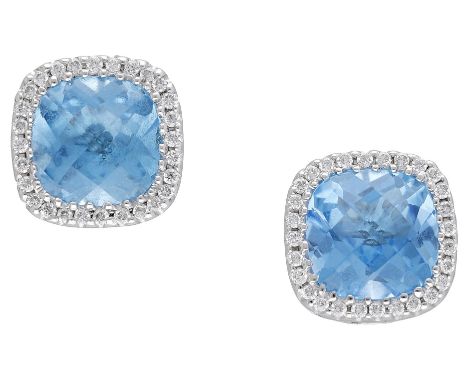 A pair of 18ct white gold blue topaz and diamond ear studs, the fancy-cut blue topaz bezel-set within a surround of brilliant