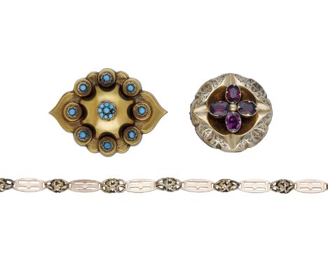 Two 19th century brooches and a gold chain, the first lozenge-shaped brooch with turquoise cabochon highlights and bloomed fi