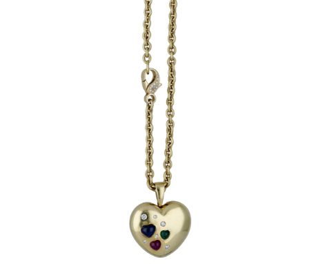 A gem-set heart pendant on chain, the polished pendant inset with cabochon hearts of sapphire, emerald and ruby, randomly spa