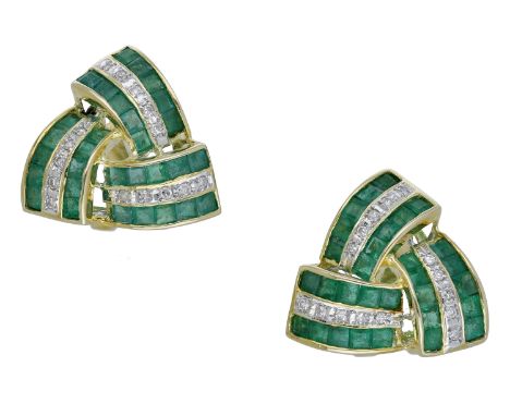 A pair of emerald and diamond earrings, of entwined knot design, each curved panel set with square-cut emeralds spaced by a l