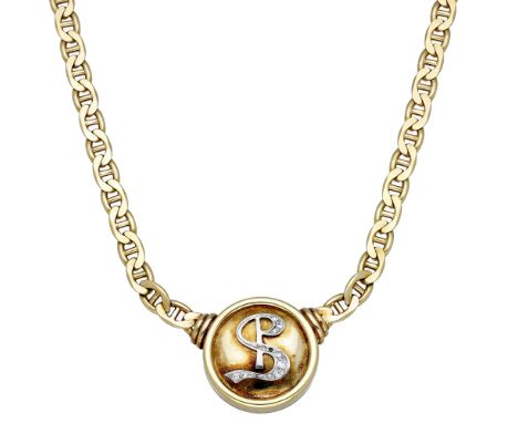 A diamond set necklace, centred with a domed roundel applied with a diamond set dollar sign, between anchor-link back chains,