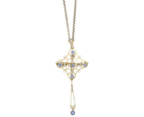 A sapphire and seed pearl pendant/brooch, circa 1900, the pierced pendant of quatrefoil design and set throughout with circul