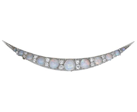 A late 19th century opal and diamond crescent brooch, the graduated opal cabochons spaced by pairs of old brilliant-cut diamo