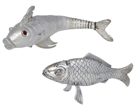 Two fish spice boxes, the first with scales and dorsal and pelvic fins, the hinged head perforated, stamped ‘A835’, the secon