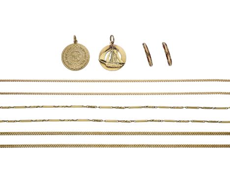 A collection of gold jewellery, comprising two chains, stamped ‘14k’, a gold baton-link chain, two circular pendants, the fir