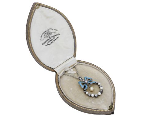 An early 20th century diamond pearl and enamel pendant, the spotted blue and white enamel bow surmount centred with an old-cu