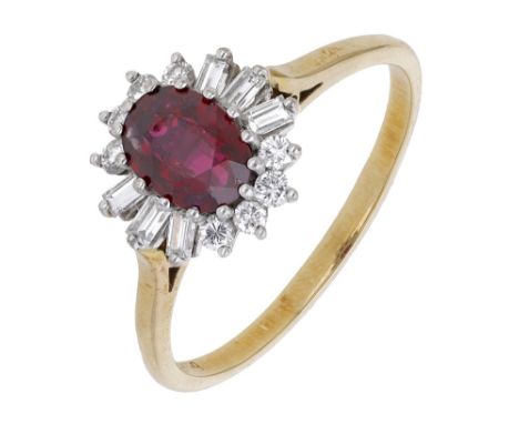 An 18ct gold ruby and diamond cluster ring, 1983, the mixed-cut ruby claw-set within a surround of brilliant and baguette-cut