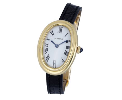 Cartier. A lady’s gold oval wristwatch, Baignoire, circa 1980. Movement: cal. 78-1, manual winding, 17 jewels. Dial: white, R