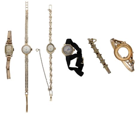 A collection of bangles and watches, comprising a Victorian hinged bangle, a hinged bangle mount for fob watch (watch missing