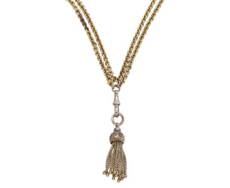 A 19th century long chain necklace, the two-row cable-link gold chain suspending an associated tassel fob, stamped ‘9C’, leng