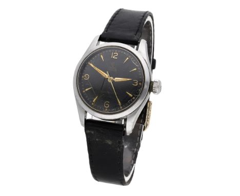 Tudor. A stainless steel wristwatch, Ref. 7903, Oyster, circa 1950. Movement: manual winding, 17 jewels. Dial: black honeycom