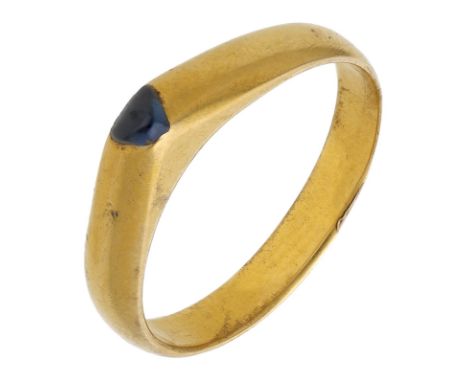 A Medieval late 13th century gold and sapphire set stirrup ring, the hoop of ‘D’ shaped cross-section, the yellow gold ring w