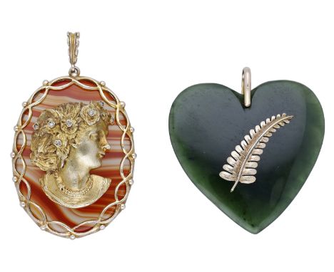 A 9ct gold agate pendant, 1977, and a hardstone pendant, the oval banded agate plaque with applied 9ct gold bust of a maiden 