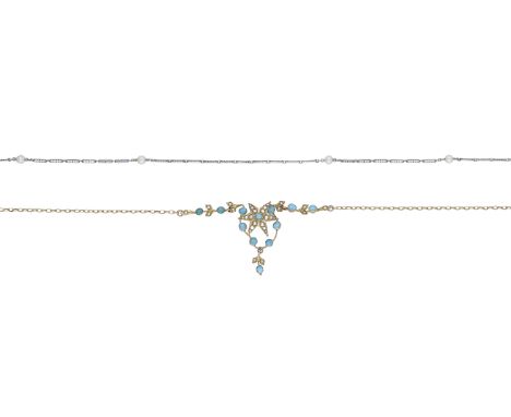 A late 19th century turquoise and seed pearl necklace and French pearl set chain, the necklace with central star motif, to tr