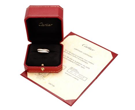 An 18ct gold and diamond ‘Trinity’ ring by Cartier, of tricoloured interlocking design, the rings inset with two rows of bril
