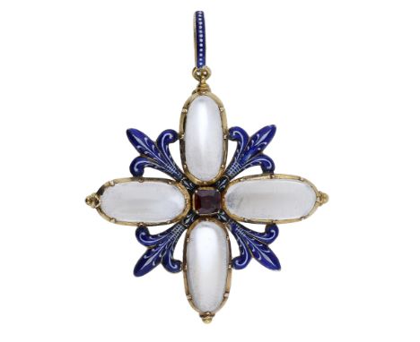 An enamel and moonstone pendant by Carlo Giuliano, circa 1870, the quatrefoil pendant centred with a cushion-shaped garnet se