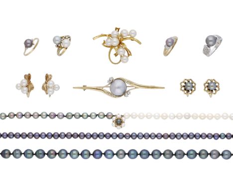 A collection of cultured pearl jewellery, comprising three necklaces; a cultured pearl brooch and ear clip suite; an 18ct gol