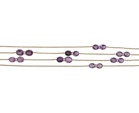 An amethyst guard chain, the belcher-link chain spaced by pairs of 19th century oval mixed-cut amethysts in pinched-collet se