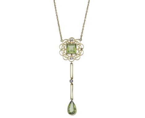 A peridot and seed pearl necklace, circa 1900, the openwork surmount of scalloped design set with a square-cut peridot and wi