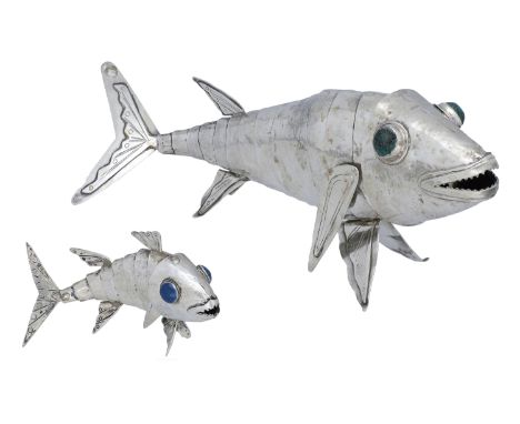 Two Peruvian silver articulated fish, by Graziella Laffi, circa 1950, the larger with green cabochon eyes, the smaller with b