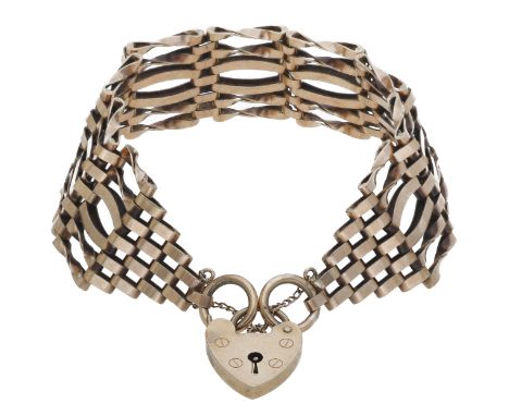 A 9ct gold gate-link bracelet, to a padlock clasp, London hallmark for 1972,  length approximately 17.5cm.  £280-£320  ---  C