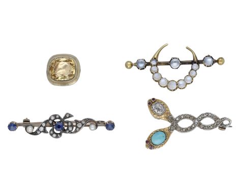 Four antique brooches, comprising a diamond, turquoise and cabochon ruby set entwined double serpent brooch, later mounted, a