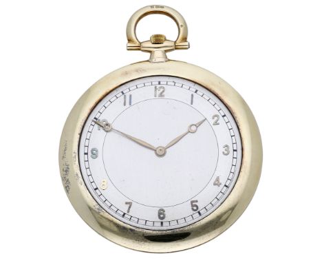 LeCoultre & Co. A gold open-faced keyless watch, circa 1934. Movement: manual winding, lever escapement, 18 jewels. Dial: two