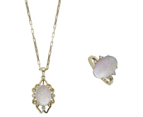 An opal and diamond pendant and ring suite, the pendant claw set with an opal cabochon to a pierced mount with brilliant-cut 