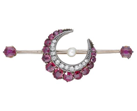 A late 19th century ruby and diamond crescent brooch, the crescent set with graduated mixed-cut rubies and old brilliant-cut 