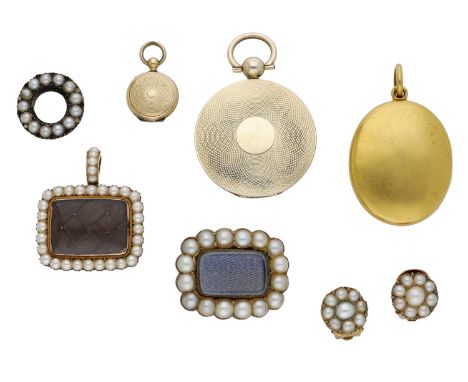 A collection of 19th century jewellery, comprising a glazed pendant with half pearl border and bale enclosing plaited hairwor