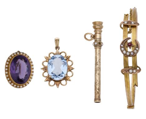 Four jewels, comprising a 9ct gold propelling toothpick, a 9ct gold seed pearl set hinged bangle, a 15ct gold amethyst and se