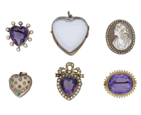A collection of 19th century and later brooches/pendants, comprising two heart-shaped amethyst and pearl set brooches, (one l