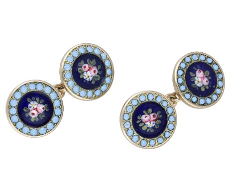 A pair of enamelled cufflinks, each of the circular panels comprising an enamel floral scene within a turquoise coloured glas