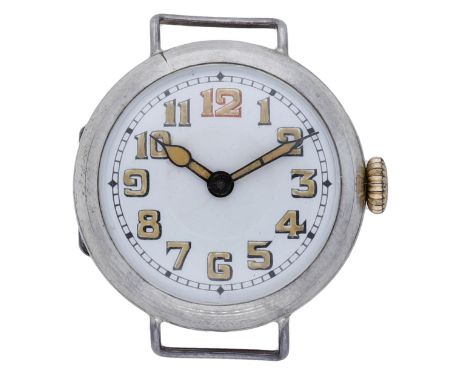 Swiss. A small silver trench watch, circa 1917. Movement: manual winding, lever escapement. Dial: white enamel, Arabic numera