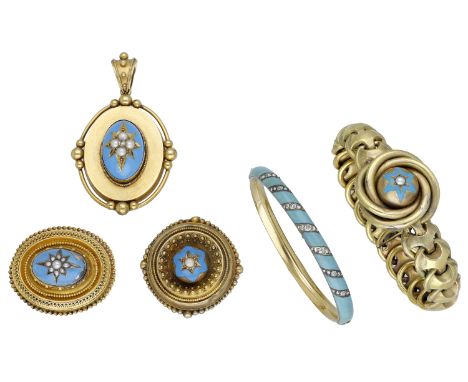 A collection of Victorian jewellery, comprising an oval gold locket pendant, centred with a turquoise blue enamel boss, with 