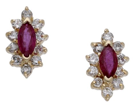 A pair of ruby and diamond ear studs, the marquise-shaped rubies claw-set within a surround of brilliant-cut diamonds, total 
